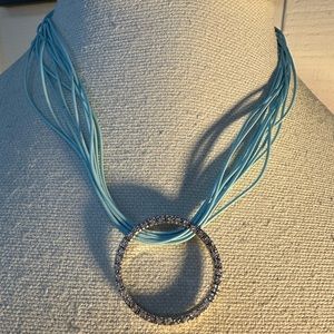 Baby blue corded rhinestone circle pendant necklace 925